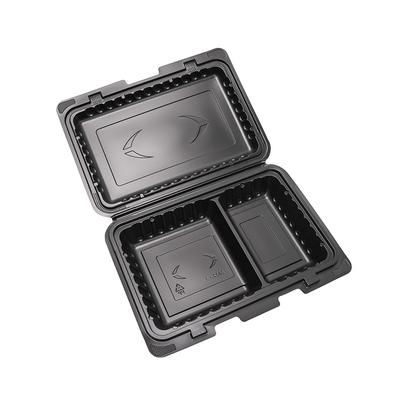 Caja de comidas desechables de pp con tapa y cierre, caja de comida rápida cuadrada y negra